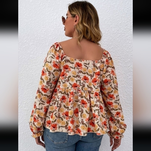 2/$20 SHEIN Curve Plus Floral Print Lantern Sleeve Peplum Hem Blouse Size 1X - Picture 5 of 12